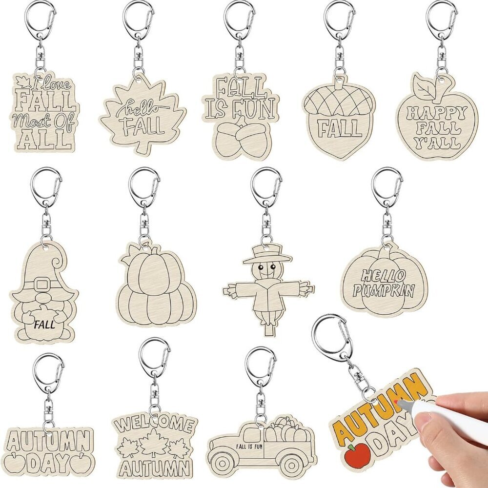 24 Pcs Fall Craft Color Your Own Keychains DIY Craft Wooden Blank Keychains for